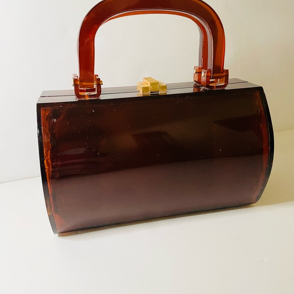 Vintage Top Handle Purse Brown Lucite Hard Plastic Footed